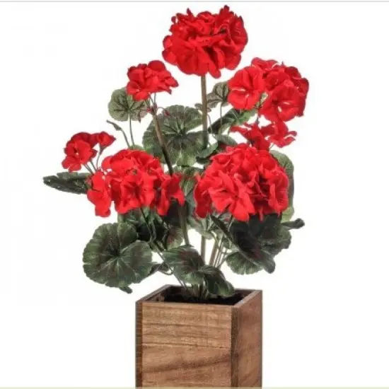 16.5" Artificial Red Geranium Plant in Wooden Box | Faux Floral Tabletop D&eacute;cor {1}