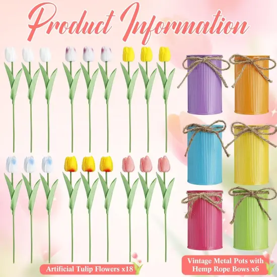 6 Sets Spring Tables Centerpieces Easter Office Decorations Artificial Tulip with Galvanized Metal Pot Colorful Artificial Tulips Flowers Decoration for Home Office Wedding Party Baby Shower {3}