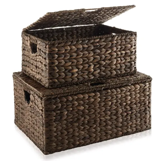Water Hyacinth Storage Baskets with Lids, Rectangular Woven Wicker Tote Bins {3}