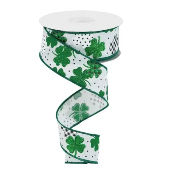 St. Patrick's Day Ribbon 2.5" Shamrock Glitter Wired Edge-RGC187627 {1}