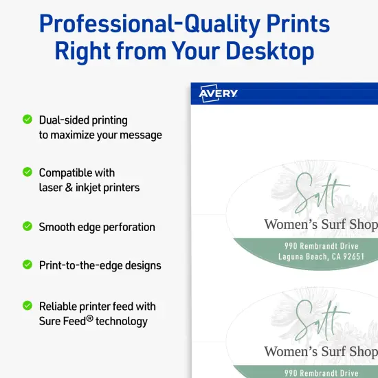 Avery Printable Oval Business Cards, Sure Feed Technology, 2" x 3-1/2", Matte White Cardstock, Print-to-The-Edge, Laser/Inkjet Printable, 80 Total {8}