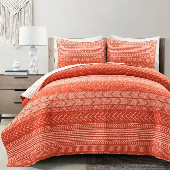 Scandinavian Chevron Orange White Stripe Reversible Cotton Quilt Set {10}