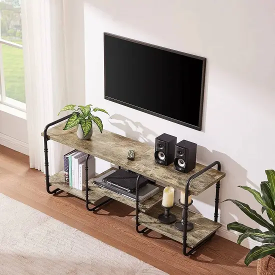 Wood Metal TV Stand with Open Shelves for TVs up to 60 Inches Grey {4}