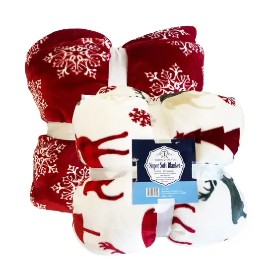 98x92" Oversized Sherpa Blanket Deer & Snowflake Design, Ultra-Soft Flannel Fleece Front Red {2}