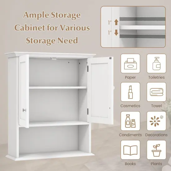 White Wall Mounted Bathroom Cabinet with Louver Doors Adjustable Shelf and Built In Towel Bar {3}