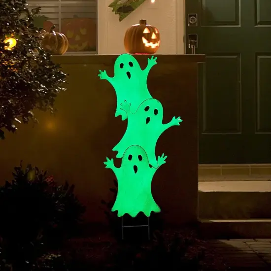 Halloween Yard Stake, 38.6" Glow in The Dark Metal Stacked Ghost with Green {4}
