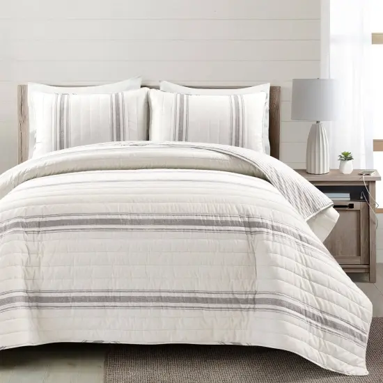 Soft and Breathable Cotton Stripe Quilt Pillow Shams Set with Reversible Bedding for All Seasons {6}