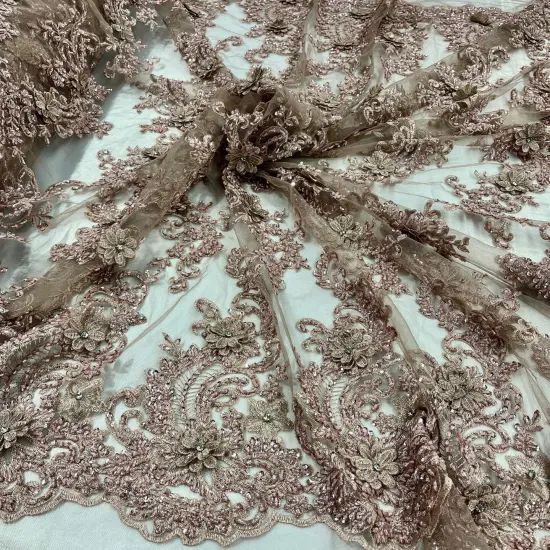 1 Yard Beaded 3D Floral Lace Fabric on 100% Polyester Net Mesh, Dusty Rose, 52" Wide, Elegant Embroidered Lace Fabric Lt. Gold {2}