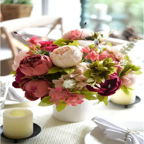 Pinkish Red and Dusty Pink Vintage Artificial Peonies Silk Flowers and Hydrangeas for Wedding Bridal {3}