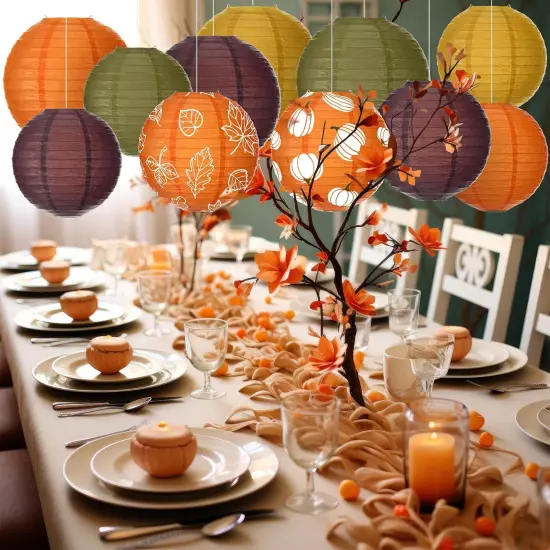 16 Pcs Fall Paper Lanterns - Pumpkin and Maple Leaf {2}