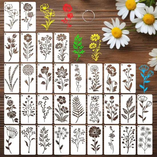32 Pcs Wildflower Stencils for Painting on Wood, Reusable Flower Leaf {1}