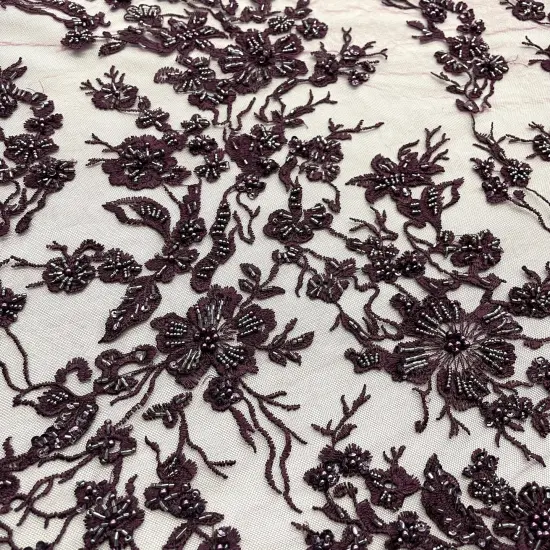 1 Yard Luxurious Beaded Lace Fabric Embroidered on 100% Polyester Net Mesh for Couture Dresses 54" Width Plum {2}