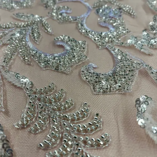 1 Yard Champagne Beaded Lace Fabric Embroidered on Polyester Mesh, 53" Wide {7}