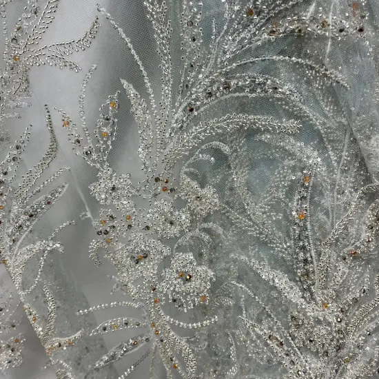 1 Yard Light Blue Beaded Lace Embroidered Fabric, 100% Polyester Net Mesh, 50&rdquo; Wide Ice Blue {1}