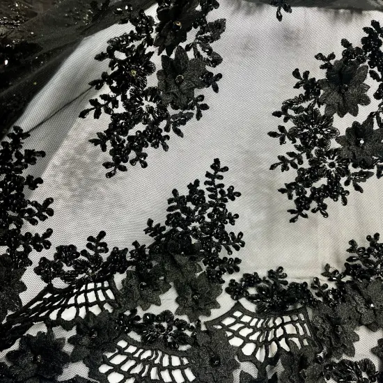 1 Yard Beaded 3D Floral Embroidered Lace Fabric on Polyester Net Mesh, 52" Width Black {6}