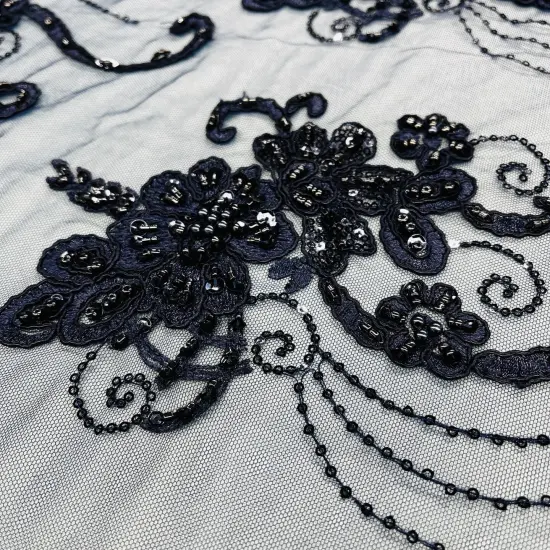 1 Yard Luxury Beaded and Corded Lace Fabric Embroidered Soft Polyester Net Mesh 54" Width Navy {6}