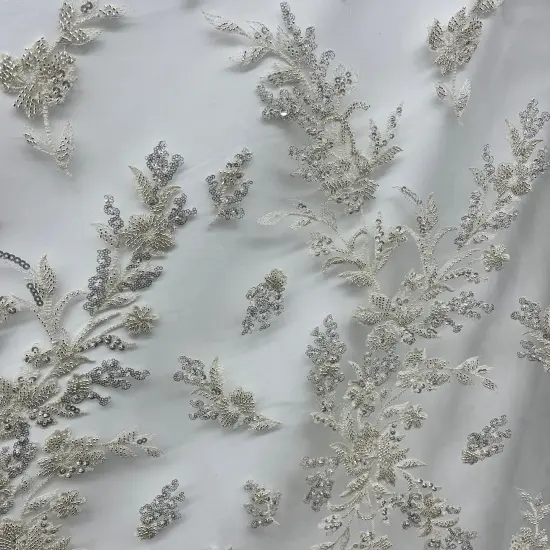 1 Yard Beaded Embroidered Lace Fabric on 100% Polyester Net Mesh, GD-5926, 52" Wide Silver {7}