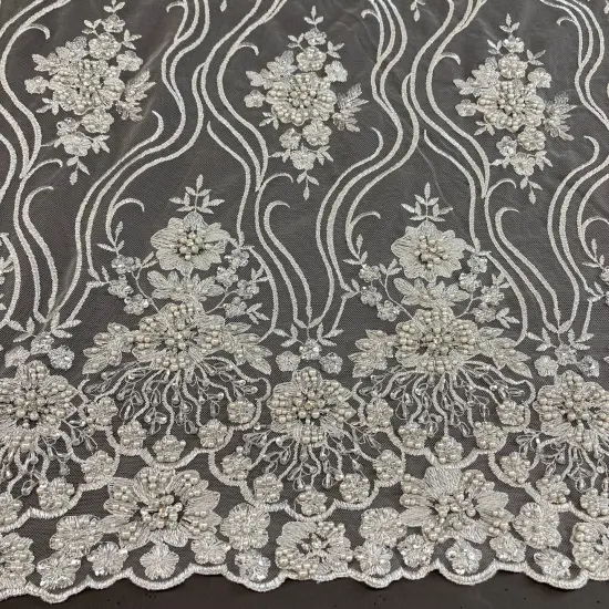 1 Yard Elegant Beaded Lace Fabric Embroidered on 100% Polyester Net Mesh 51 inch Width Black {5}