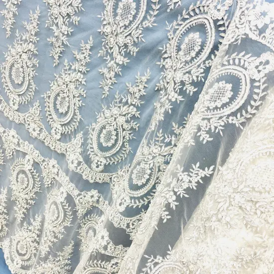 1 Yard White Beaded & Corded Embroidered Lace Fabric, 100% Polyester Mesh, 48" Wide, Elegant Fabrication for Gowns & D&eacute;cor White with Silver {1}