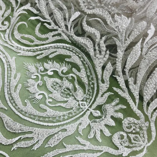 1 Yard Off White Beaded Lace Fabric Embroidered on 100% Polyester Mesh, 52&rdquo; Wide {3}