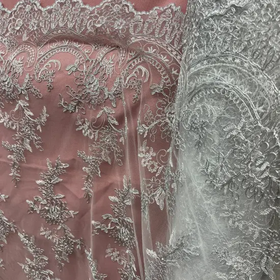 1 Yard Elegant Corded Bridal Lace Fabric Embroidered on 100% Polyester Net Mesh 51 inch Width Silver {1}