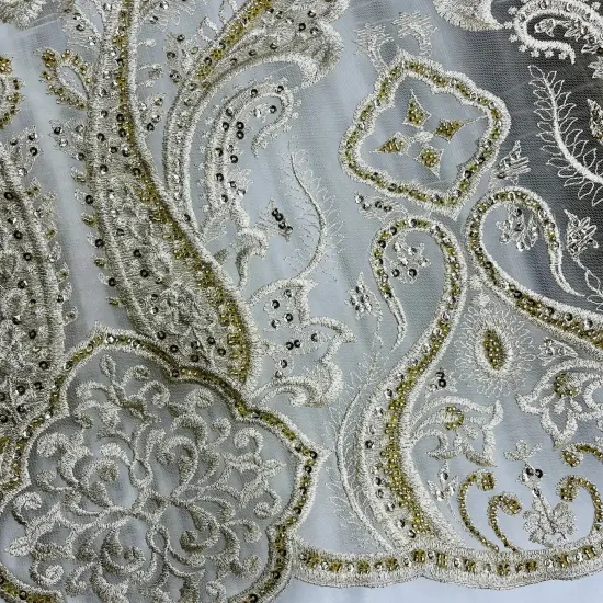 1 Yard Gold Beaded Lace Fabric Embroidered on Polyester Mesh, 50" Wide Decorative Fabrication White {3}