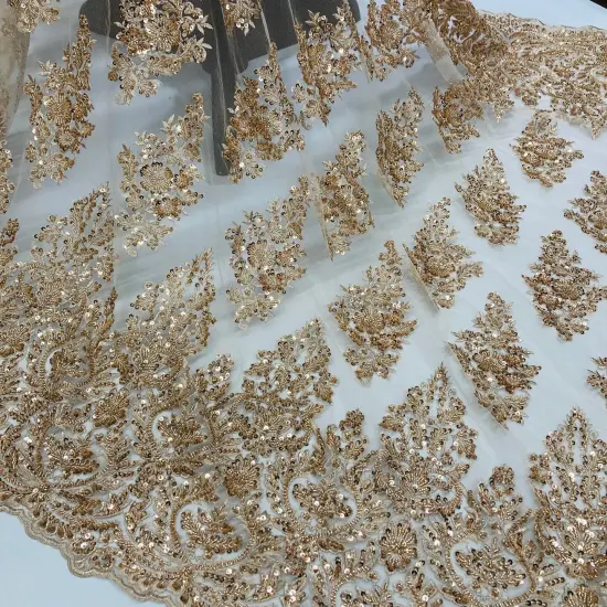 1 Yard Champagne Beaded Embroidered Lace Fabric on 100% Polyester Mesh, 50" Width {7}