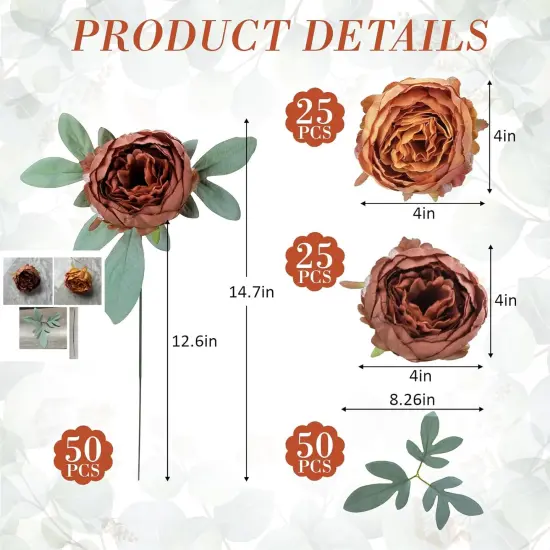 50Pcs Artificial Peonies - 4 Inch (Brown and Orange) {4}