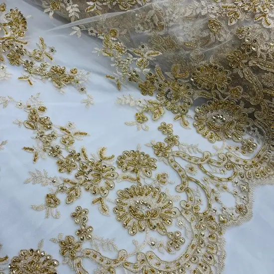 1 Yard Gold Beaded Corded Bridal Lace Fabric on Polyester Mesh, 53" Wide, Embroidered Luxury Fabrication Ivory with Silver {3}