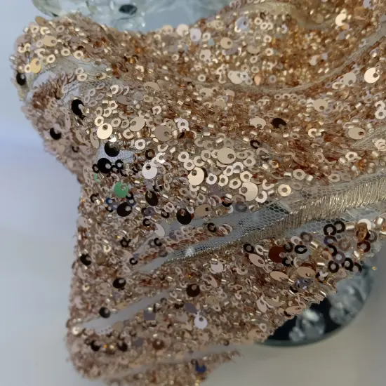 1 Yard Beaded & Sequined Embroidered Lace Fabric on Polyester Mesh, 52" Wide Silver {4}