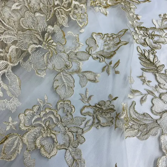 1 Yard Premium Corded Bridal Lace Fabric Embroidered on Polyester Net Mesh 53" Width Ivory {5}
