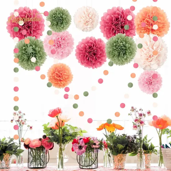 Wedding Party Decorations - 15Pcs Pink, Sage Green, Ivory Tissue Paper Pom Pom for Birthday Pastel Decorations, Engagement Baby/Bridal Shower Anniversary Valentine Dot Paper Backdrop Decor {5}