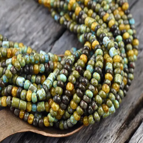 6/0 Aged Azul Heart Picasso Czech Glass Seed Bead Bugle Mix (21" Strand) {1}