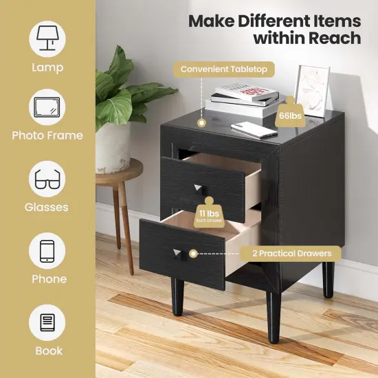 Costway Nightstand End Bedside Coffee Table Wooden Leg Storage Drawers Black\Grey {5}