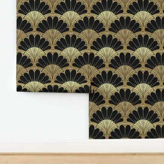 Pre-Pasted Wallpaper 2FT Wide Bold Geometric Black Beige Pale Blue Elegant Scallops 1920S Fan Custom Pre-pasted Wallpaper by Spoonflower {2}