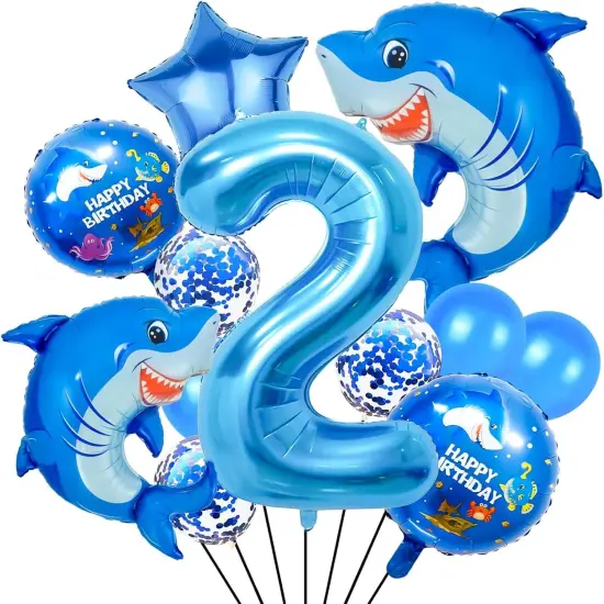 40 Inch 2 Balloon Number, Cute Blue Shark Balloons, Giant Foil 2 Birthday Balloon (shark-2) {1}