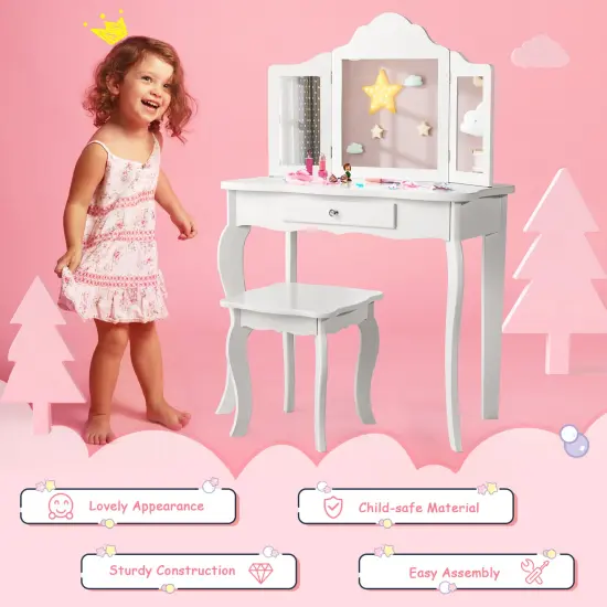 Costway Kid Vanity Table Set with Tri-folding Mirror 2-in-1 Makeup Dressing Table Stool Set {6}