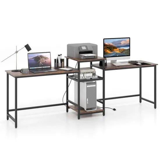 Costway 97 Inch Two Person Desk Double Computer Desk with Power Outlets Printer Stand {1}