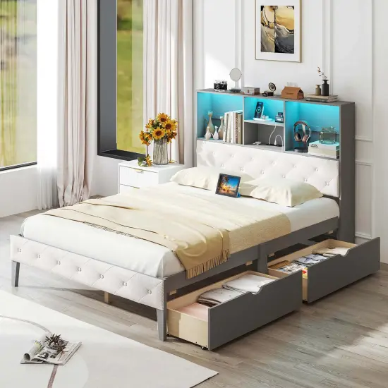 Costway Full Size Bed Frame with Bookcase Headboard Storage Bed with LED Lights Gray {1}