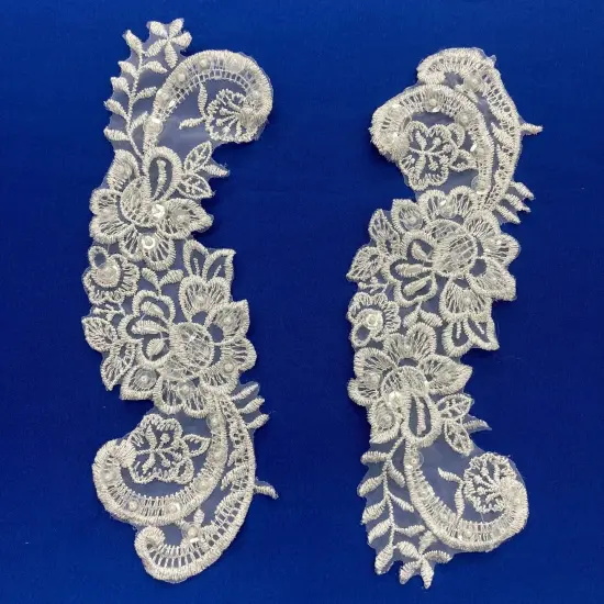 1 Pair Beaded Lace Applique Embroidered on 100% Polyester Organza 9" x 3" Each Side Red {3}