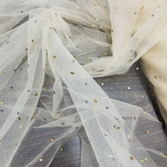 1 Yard Glitter Mesh Fabric with Scattered Rhinestones 60" Wide, 2-Way Stretch Sparkle Mesh for Gowns, Bridal Wear & Costumes Champagne {1}