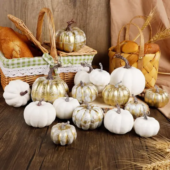16 Pcs Golden and White Pumpkins Fall Table Mantle {5}
