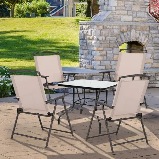 Costway 4 pcs Patio Folding Sling Dining Chairs Armrests Steel Frame Outdoor Beige/Grey {2}