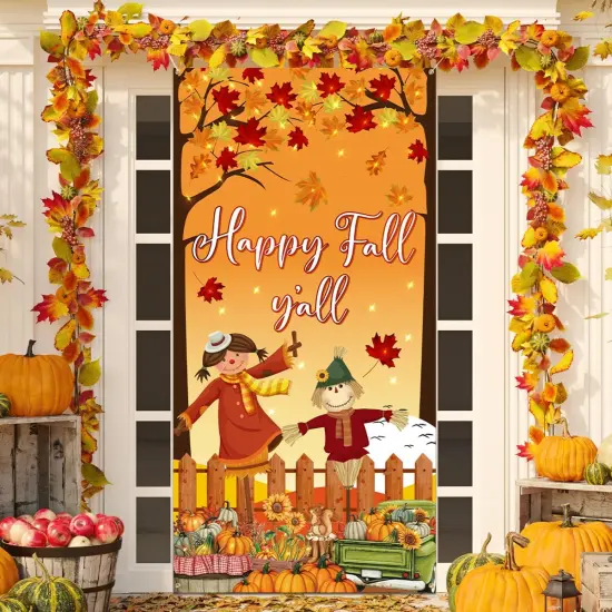 Scarecrow Fall Leaves Banner Decor - Door Cover {1}