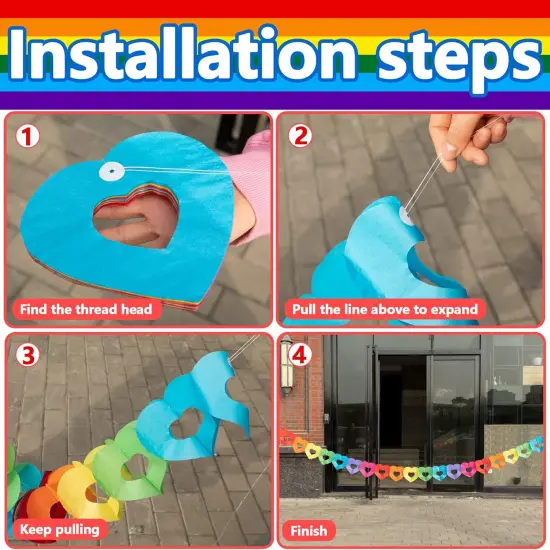 6 Pieces Colorful Rainbow Heart Banner - 60 Feet Colorful Rainbow Gay Pride Paper Garland - Heart Shape Hanging Decorations {3}