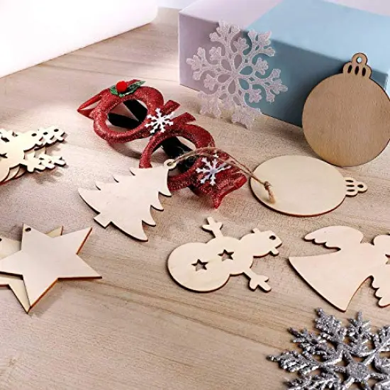 50 Pcs Unfinished Paintable Blank Wooden Christmas Festival Decoration Ornaments, Xmas Tree Hanging Wood Slices for Kids DIY Art Crafts, 5 Designs-Christmas Tree, Snowman, Stars, Angel, Round {6}