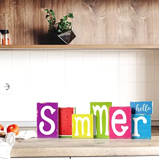 7 Pieces Summer Table Decorations Summer Wooden Sign Decorations for Home Rustic Wood Block Sign Tiered Tray Decor for Kitchen Shelf Home Farmhouse Seasonal Decor(Rustic Style) {6}