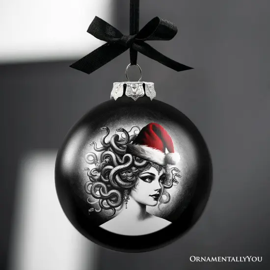 Medusa Christmas Spooky Portrait Glass Ornament, Black Horror Halloween Tree Decoration {4}