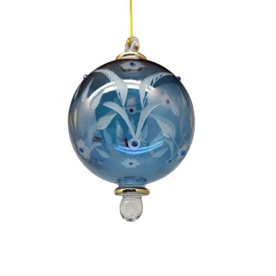 Etched Blown Glass Ball with Crystal Accents - Blue {4}