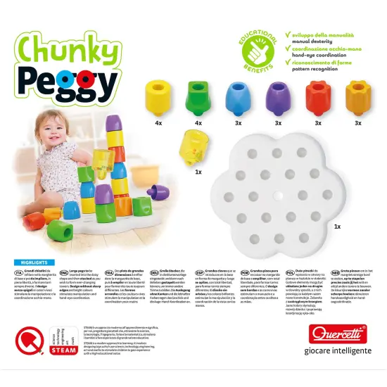 Quercetti: Chunky Peggy - 22pc Peg Blocks Stacking Toy, Shapes Sorting Set, Colorful Building, Rattle Block, Original Daisy Basket, Baby & Toddler 1+ {6}